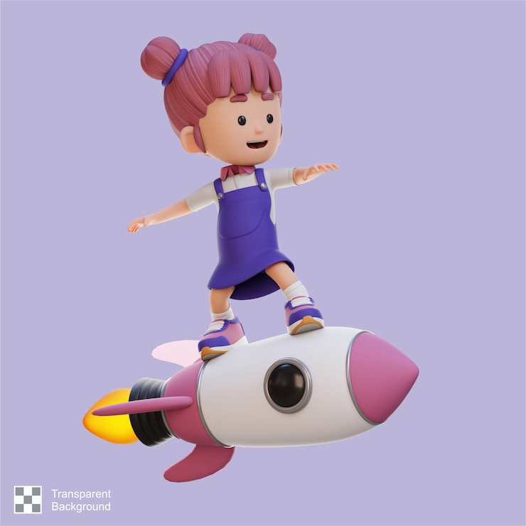 PSD 3d-персонаж девушки, стоящей на ракете