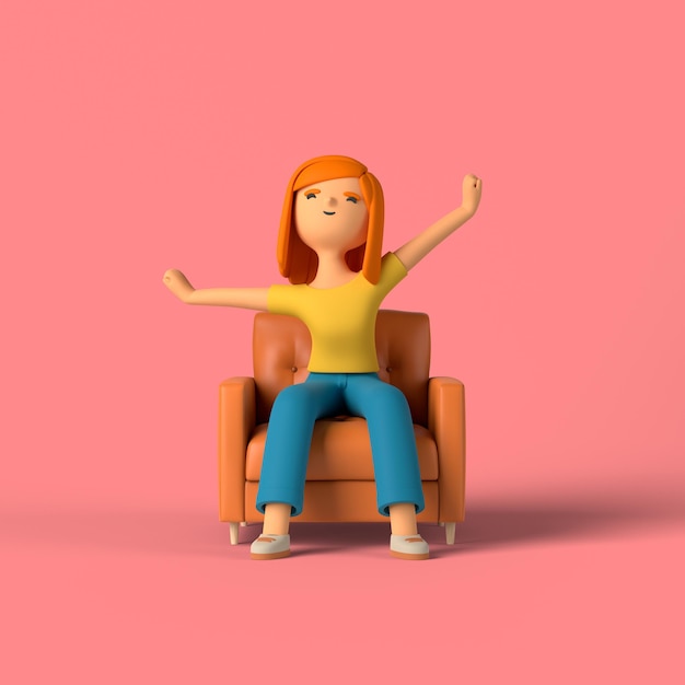 PSD 3d girl character stretching in her armchair