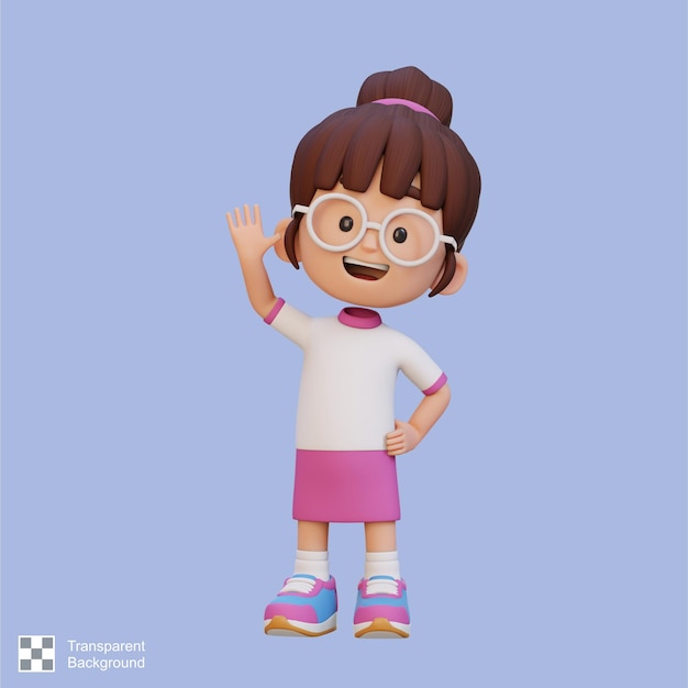 3d girl character waving hand with cute happy face