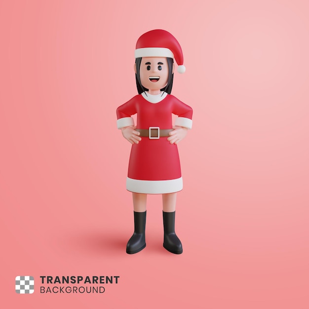 Personaggio 3d della ragazza che indossa il costume di babbo natale con le mani sui fianchi