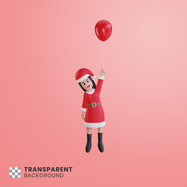 Personaggio 3d ragazza con costume da babbo natale che galleggia con palloncini