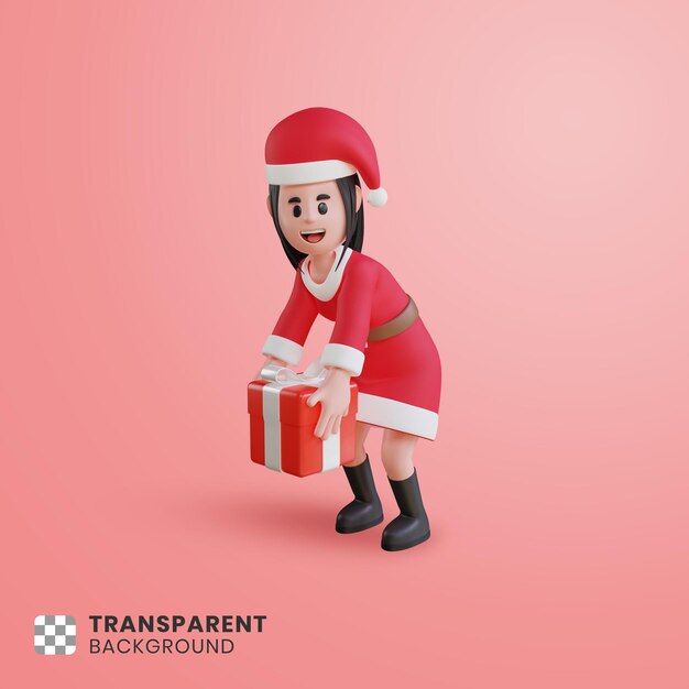 Personaggio 3d ragazza con costume da babbo natale che tiene una scatola regalo