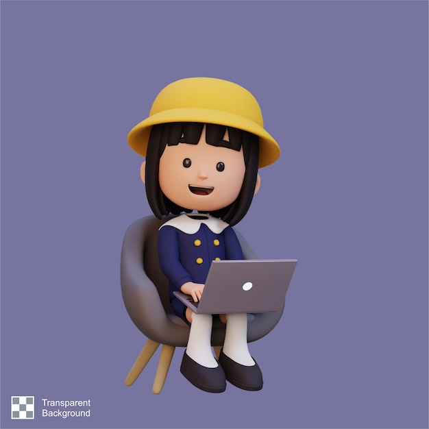 3d girl character working on a laptop