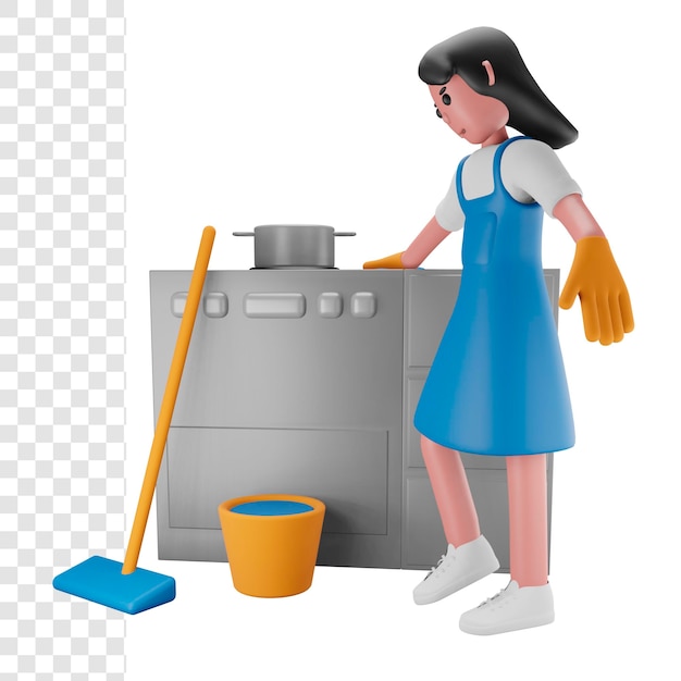 3d ragazza che pulisce in cucina