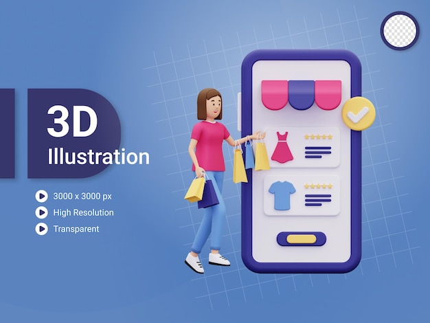 PSD 3d girl doing online clothes shopping illustration