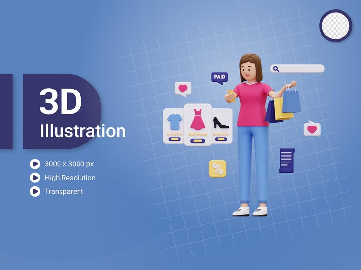PSD 3d girl doing online shopping payment illustration