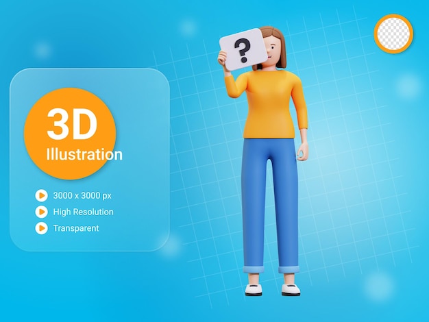 PSD 3d girl holding question mark board illustration