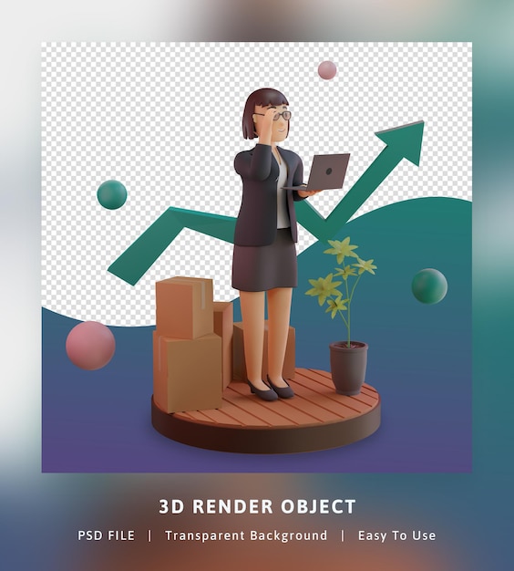 3D-gjengivelse av stilig karakter med statistikkgraf