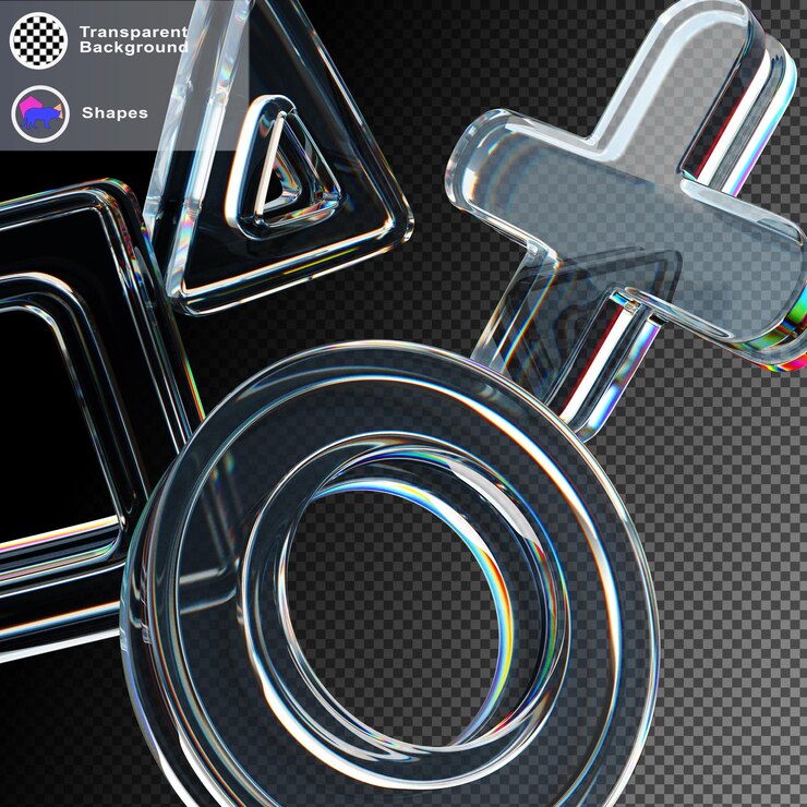 PSD 3d glas doorzichtige spelknoppen op neon zwarte achtergrond render abstract dynamische tech banner met kristal vierkant driehoek cirkel kruis vormen van videogame controller of gamepad