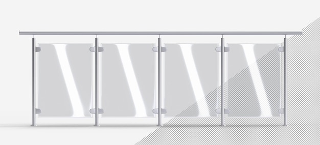 3D Glass balustrade with metal banister front view Mockup clear fence of acrylic or plexiglass for balcony terrace or pool Barrier with steel handrails isolated on white background 3D illustration