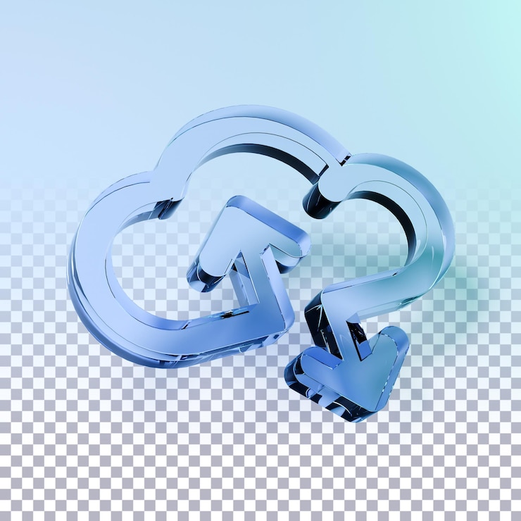 PSD 3d glass cloud icon with upload and download arrows blue gradient light