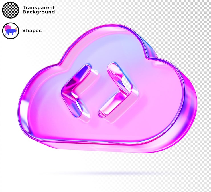 PSD 3d glass holographic cloud programming with html tag code icon render online platform for developing test and deploy web app cloud computing service server storage in internet