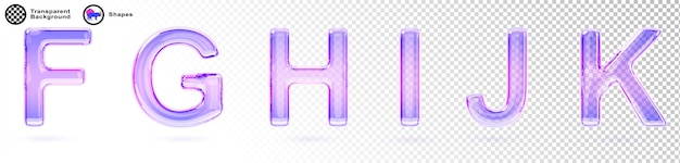 3d glass holographic liquid transparent font of alphabet letters f g h i j k Iridescent english type isolated crystal text with purple pink gradient texture Realistic render set