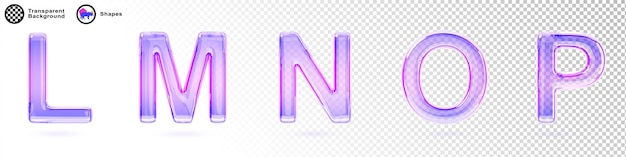 3d glass holographic liquid transparent font of alphabet letters l m n o p Iridescent english type isolated crystal text with purple pink gradient texture realistic render set