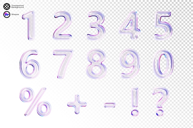 3d glass holographic liquid transparent numbers font from 0 to 9 percent sign question mark exclamation plus and minus symbol Rainbow glossy balloons with gradient texture render
