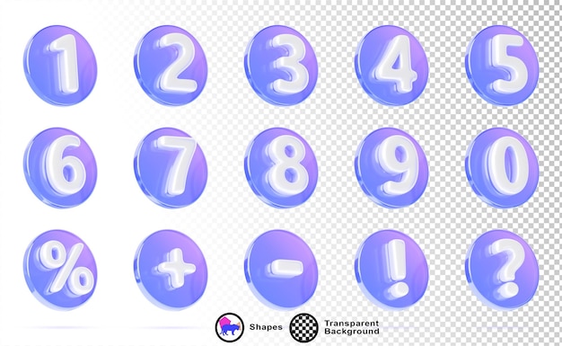 3D 유리 홀로그래픽 투명한 원 0에서 9 퍼센트까지의 숫자, 질문표, 외침표, 플러스 마이너스 기호, 크리스탈 그라디언트, 하 숫자와 함께 둥근, 고립된 렌더 세트