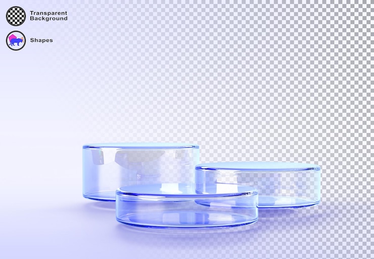 PSD 3d glass transparent clear cylinder step podium display mockup banner for cosmetic product empty water blue round pedestal platform crystal circle stage advertising stand background