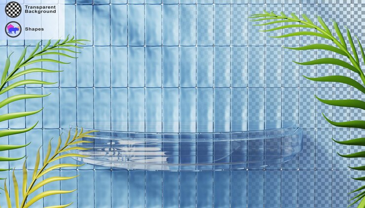 PSD 3d glass transparent clear shelf on blue wall with rectangle tile pattern and tropical green palm leaf bathroom or pool interior product podium empty crystal pedestal display mockup