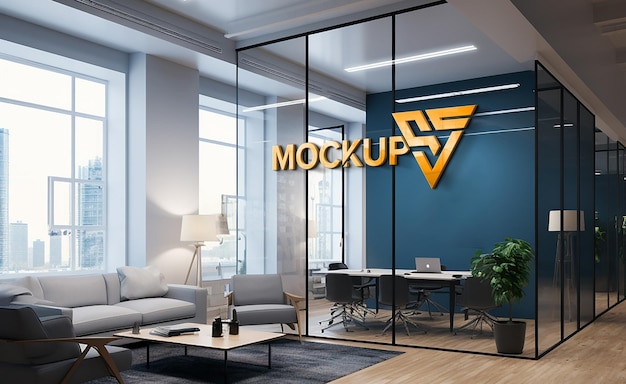 PSD 3d glass wall window logo mockup glass office 3d logo mockup