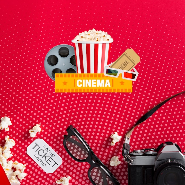 3d glasses and cinema mock-up flat lay