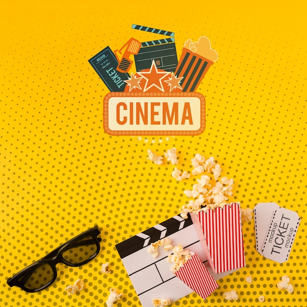 PSD vista superiore del popcorn del cinema e di vetro 3d