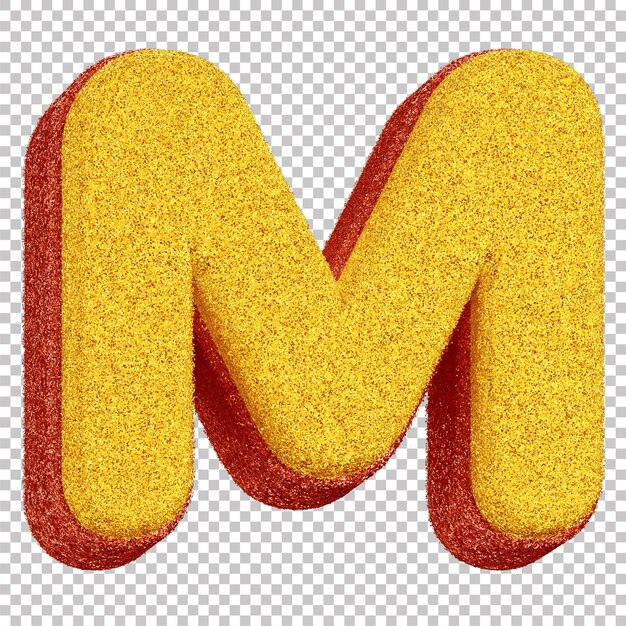 투명한 배경에 빨간색 윤곽선이 있는 카니발 구성 노란색을 위한 3D 반짝이 문자 M