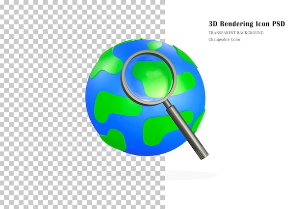 PSD 3d global search icon, world globe symbol. geography research logo 3d rendering.