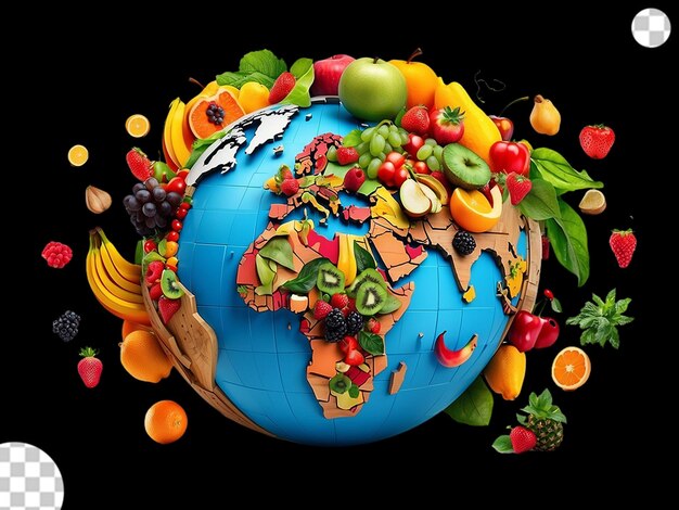 PSD a 3d globe with continents made with food png transparent