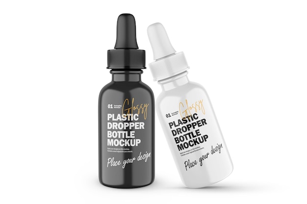 3d glossy plastic dropper bottles cosmetic product psd mockup