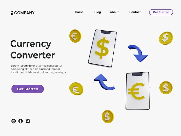 Moneta d'oro 3d e smartphone con posizione diversa per la pagina di destinazione del convertitore di valuta