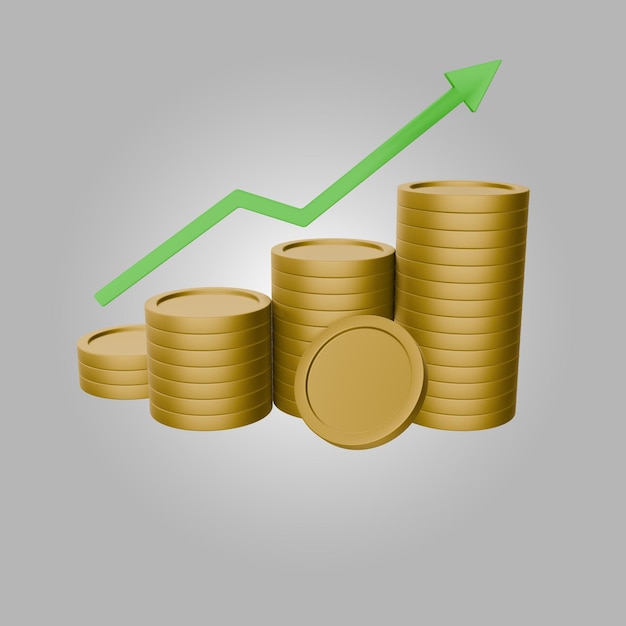 PSD 3d gold coin stacks illustration with upgrowth arrow