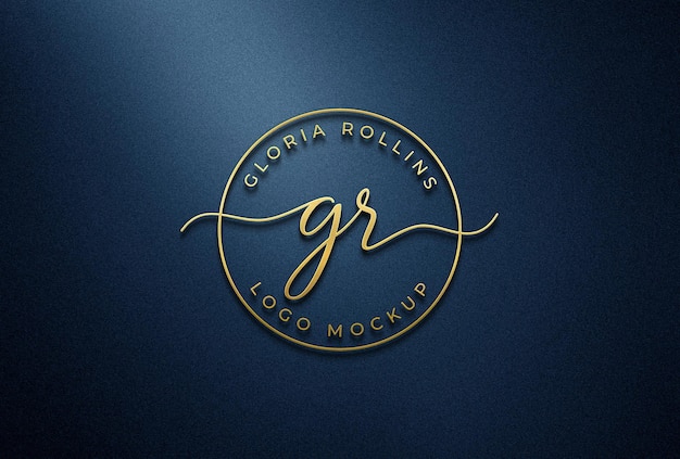 PSD 3d gold logo mockup on dark blue wall