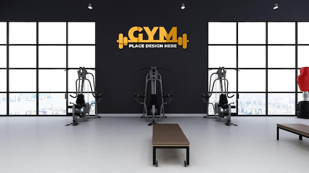 PSD 3d gold logo wall mockup in the fitness or gym room