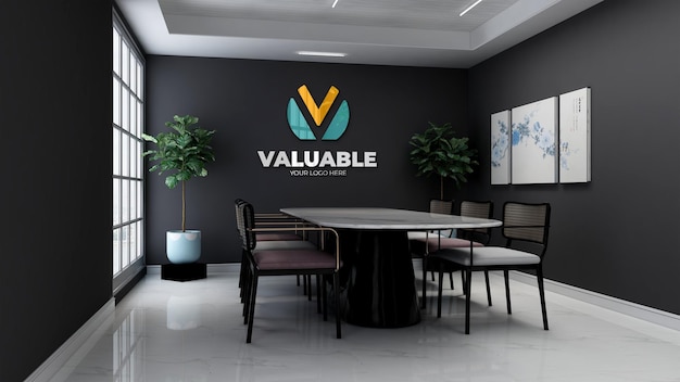 3d gold logo wall mockup in the modern office meeting room