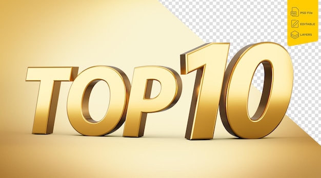 3d gold shiny top 10 text top ten 3d text isolated on golden background 3d illustration