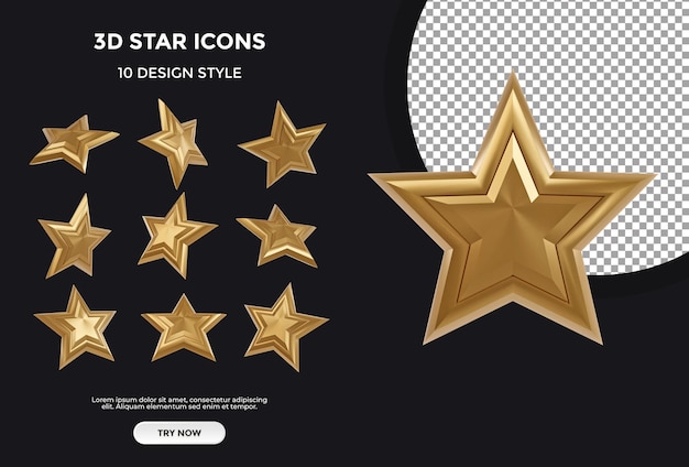 3d gold star icon collection with 10 different styles