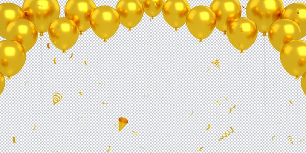 3d golden balloons floating with confetti isolated for happy birthday mockup background