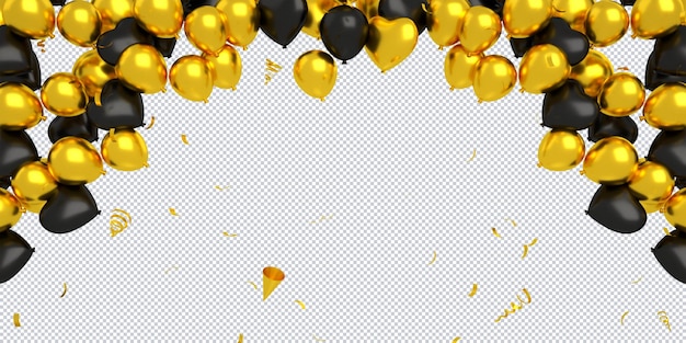 3d golden and black balloons floating with confetti isolated for happy birthday mockup background