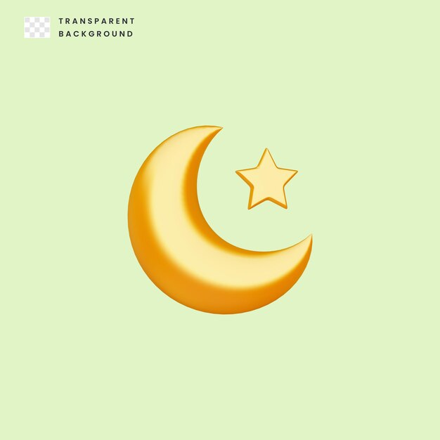 3D Golden Crescent Moon and Star