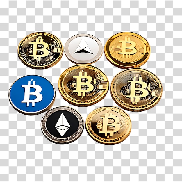 PSD 3d golden cryptocurrency coin symbols including bitcoin ripple ethereum and others ai generated