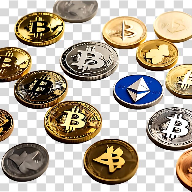 PSD 3d golden cryptocurrency coin symbols including bitcoin ripple ethereum and others ai generated