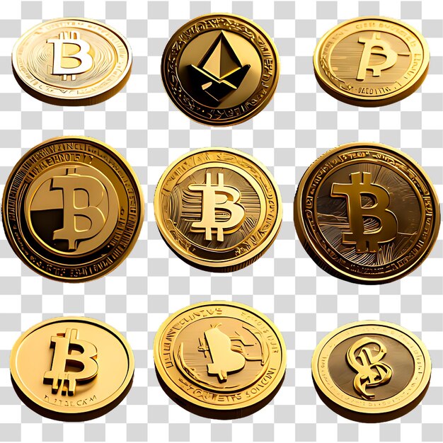 PSD 3d golden cryptocurrency coins bitcoin ripple ethereum litecoin monero and others ai generated