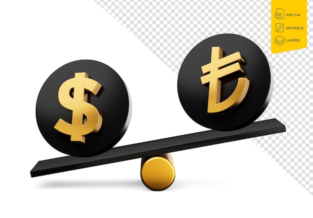 PSD 3d golden dollar and lira symbol on rounded black icon with 3d balance weight seesaw 3d illustration