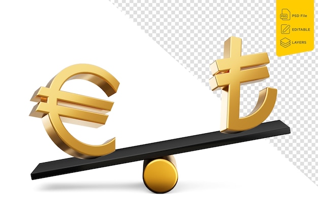 PSD 3d golden euro and lira symbol icons with 3d black balance weight seesaw 3d illustration