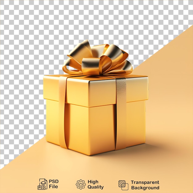 Rendering di scatola regalo dorata 3d con nastro dorato isolato su trasparente