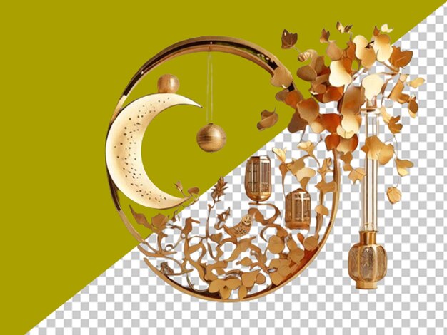 PSD 3d golden half moon and lantern hanging on white wall