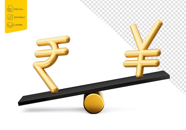 PSD 3d golden indian rupee and yen symbol icons with 3d black balance weight seesaw 3d illustration