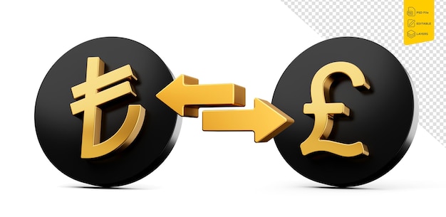PSD 3d золотая лира и символ фунта на закругленных черных иконах с стрелами для обмена деньгами 3d иллюстрация