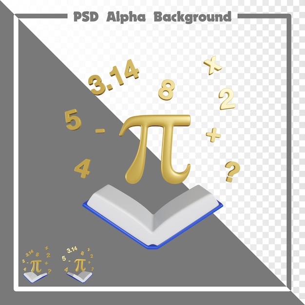 Simbolo 3d golden math pi e libro blu con sfondo numero alfa