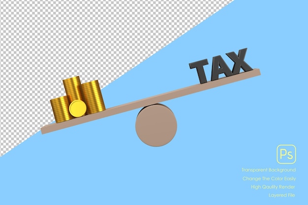 PSD 3d golden money and wooden cube block tax on seesaw for unbalance of earning government tax